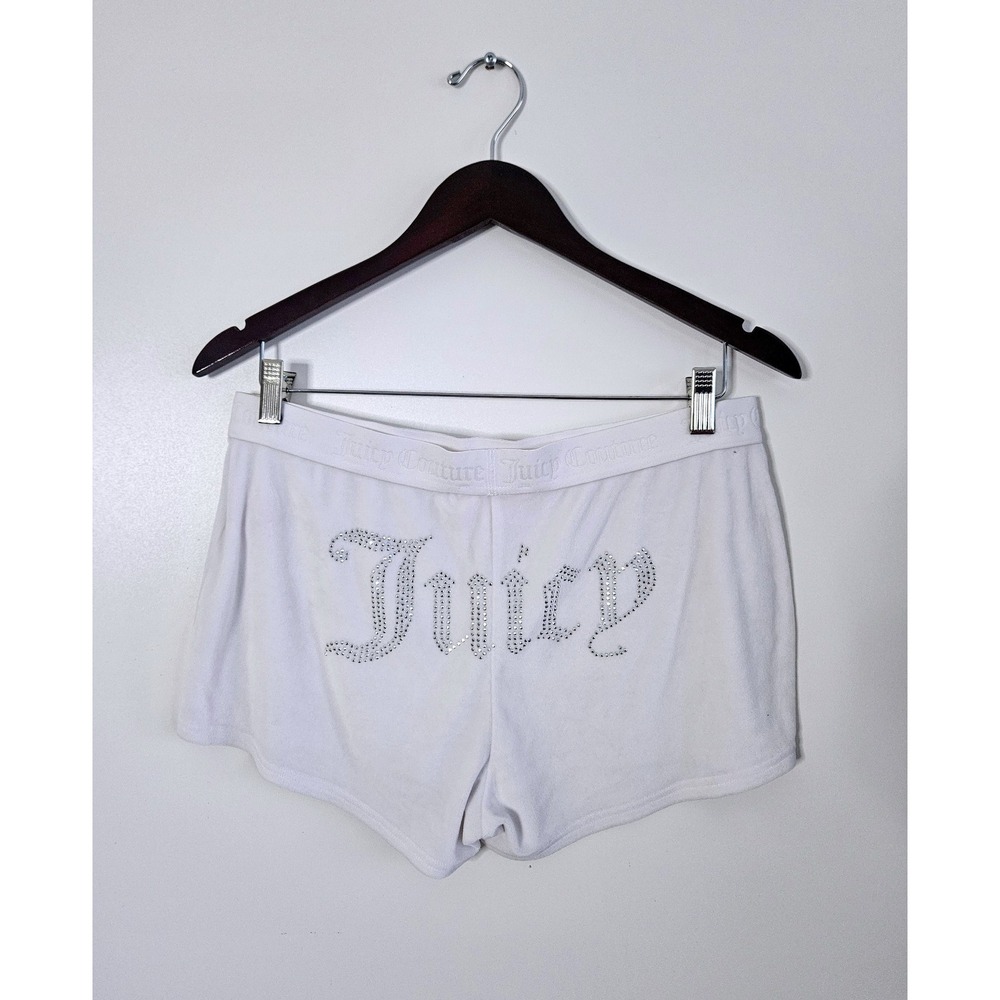 Juicy‎ Couture White Velour Shorts Large Rhinestone Logo Y2K Lounge Activewear
